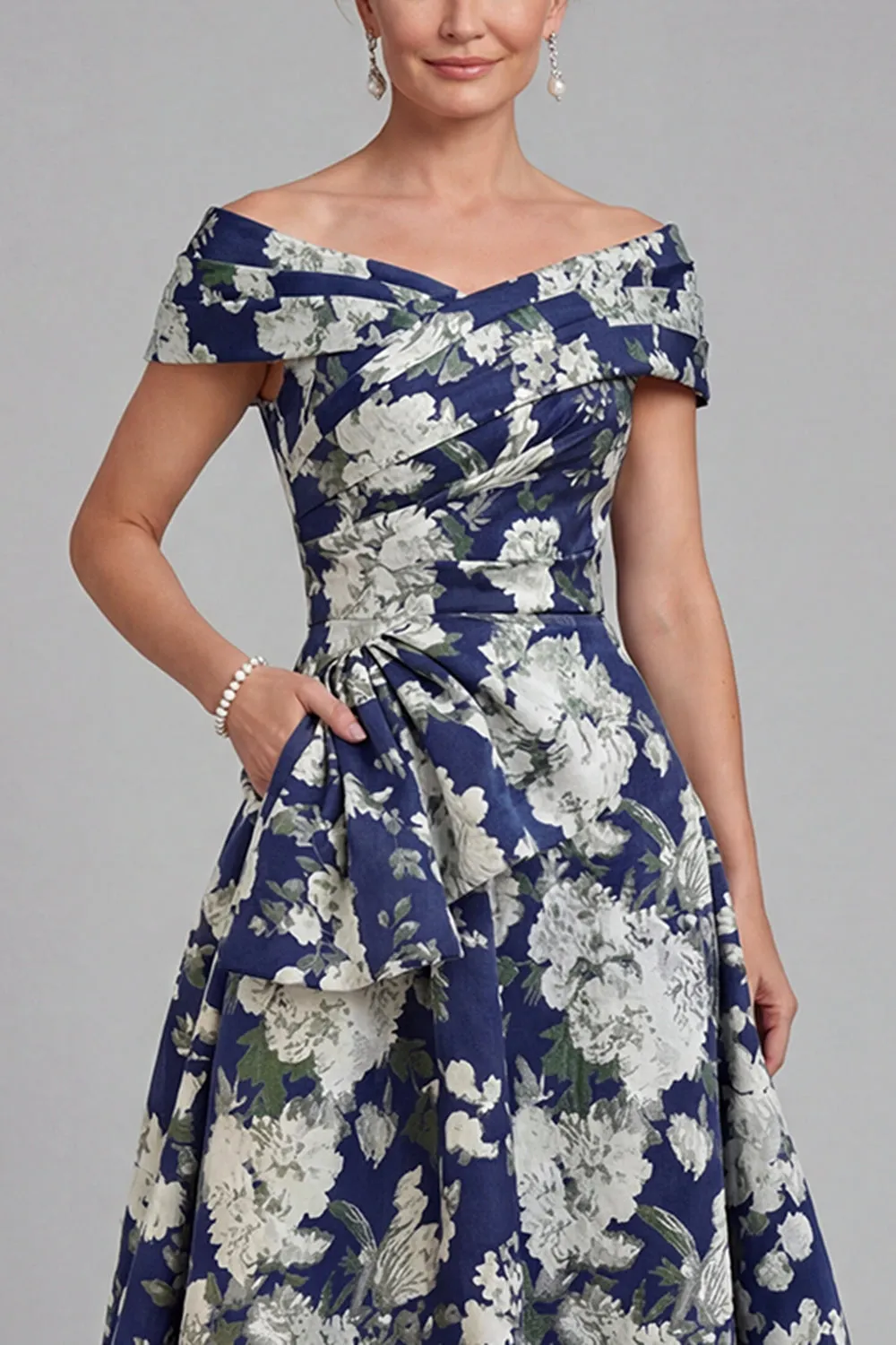 Navy Off The Shoulder Floral A Line Printed Mother of the Bride Dress with Pockets sold by Zapaka product image thumbnail 3