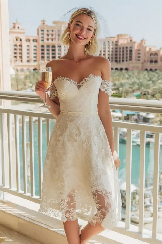 Ivory Lace Off the Shoulder A Line Wedding Dress made by Zapaka