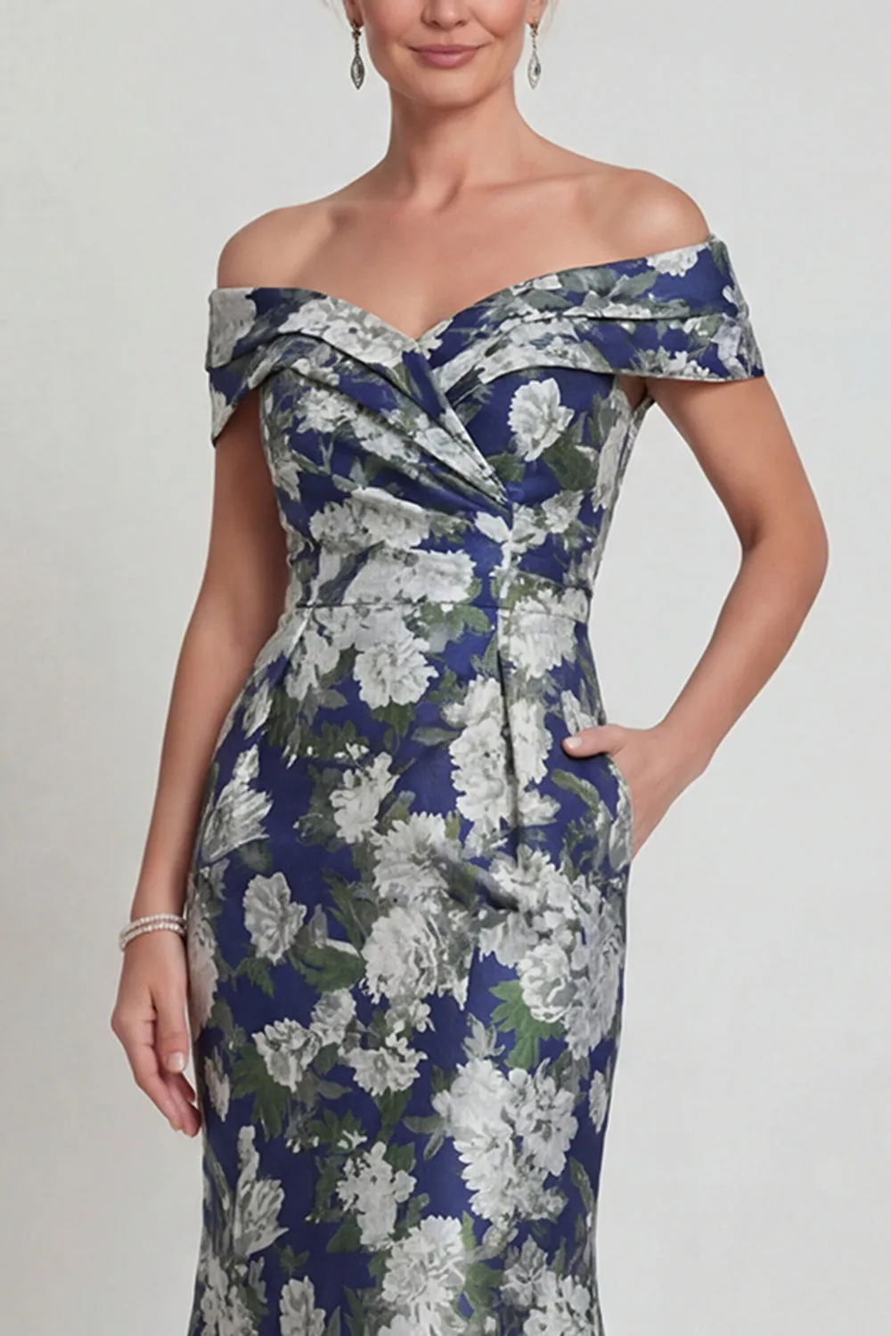 Navy Floral Off The Shoulder Mermaid Printed Mother of the Bride Dress with Pockets sold by Zapaka product image thumbnail 3