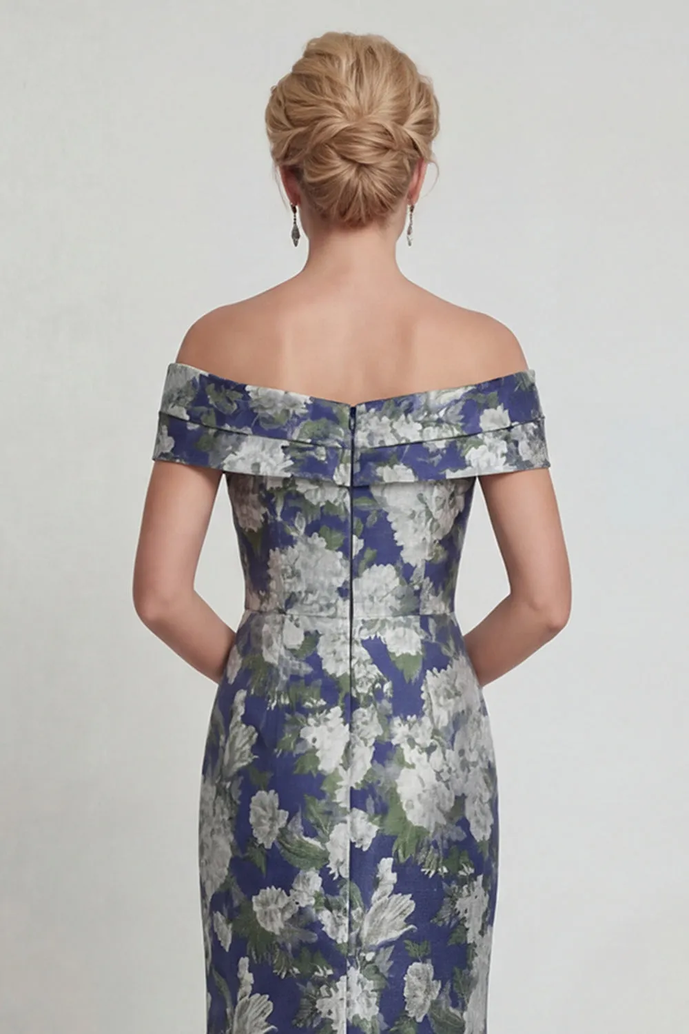 Navy Floral Off The Shoulder Mermaid Printed Mother of the Bride Dress with Pockets sold by Zapaka product image thumbnail 4