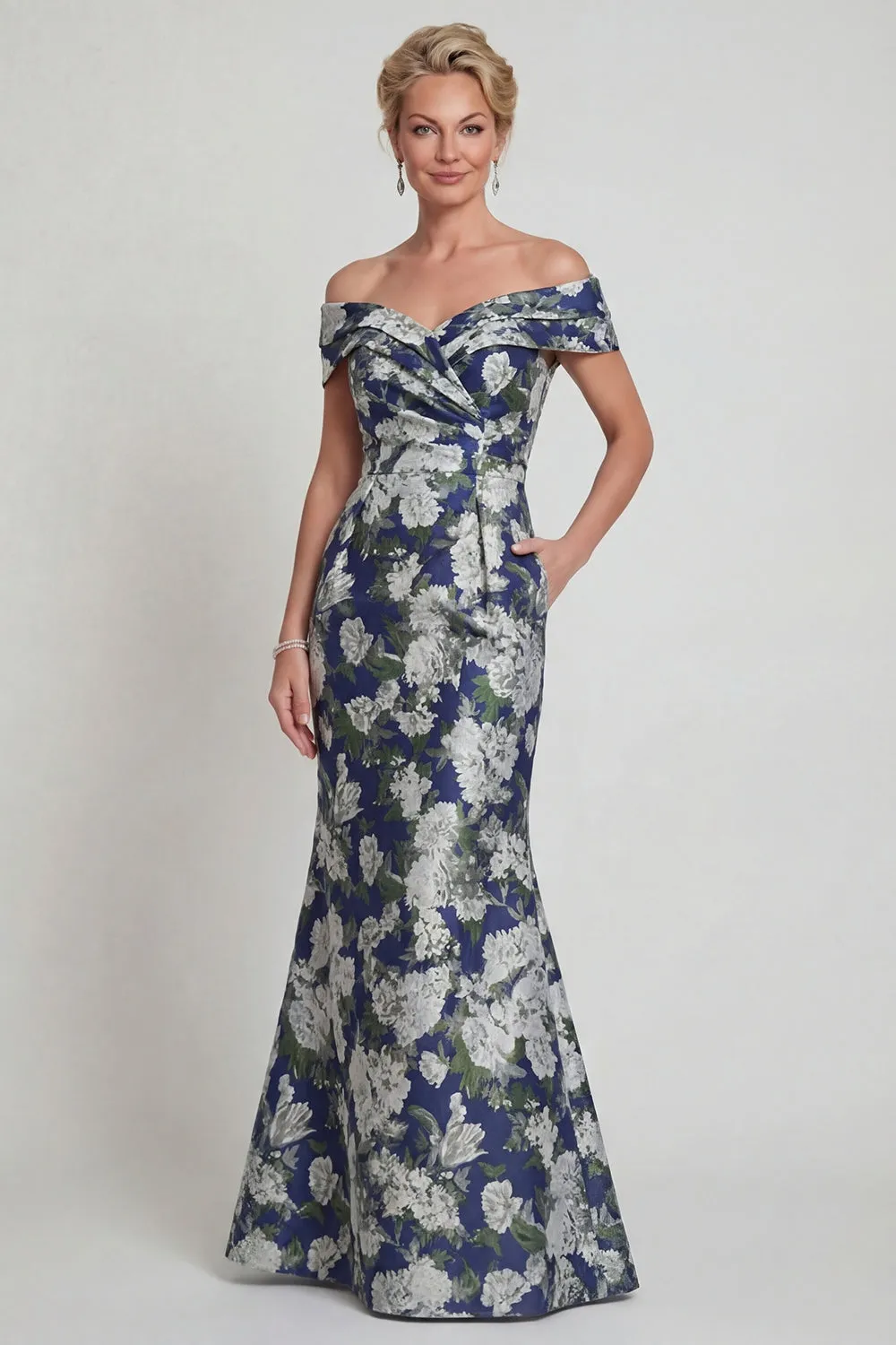 Navy Floral Off The Shoulder Mermaid Printed Mother of the Bride Dress with Pockets sold by Zapaka