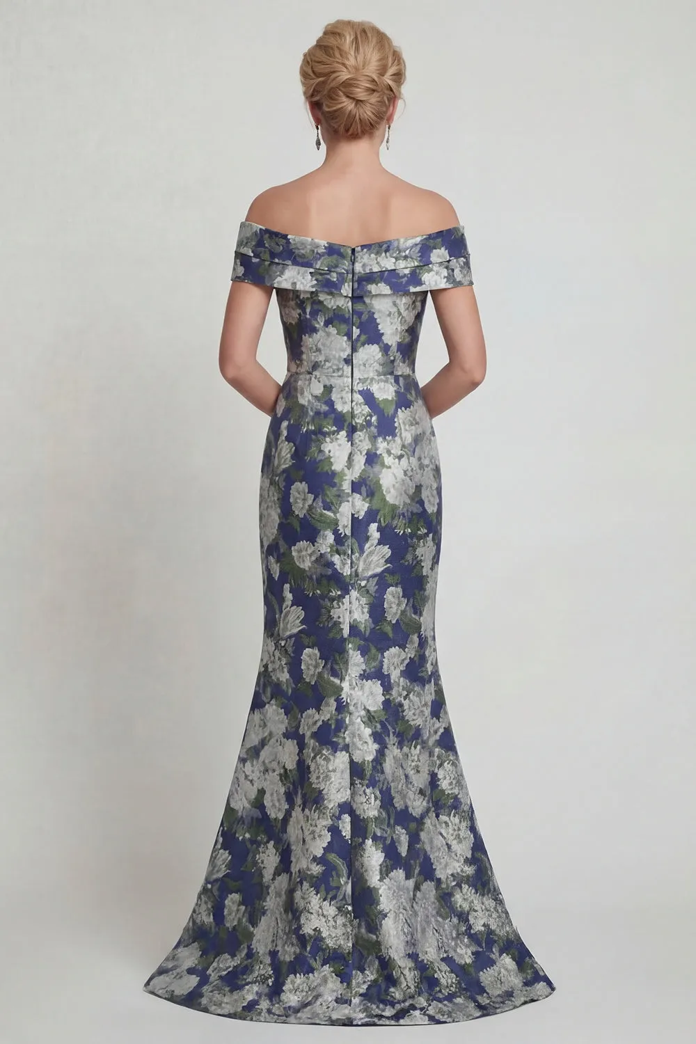 Navy Floral Off The Shoulder Mermaid Printed Mother of the Bride Dress with Pockets sold by Zapaka product image thumbnail 2