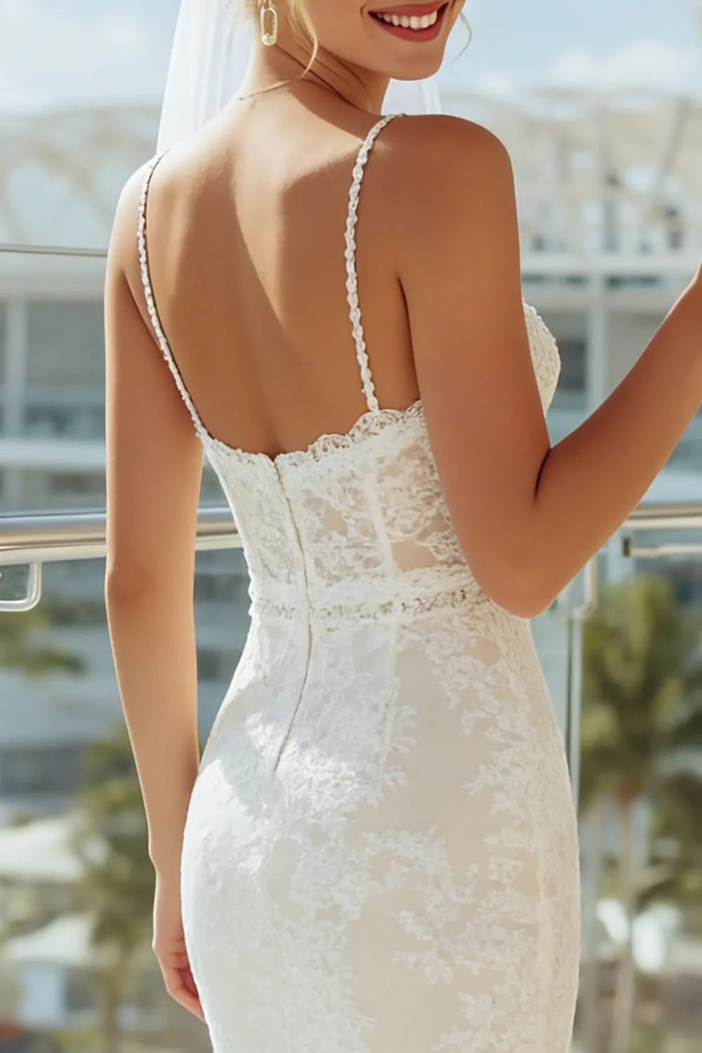 Lace Apricot Spaghetti Straps Sheath Long Wedding Dress sold by Zapaka product image thumbnail 4
