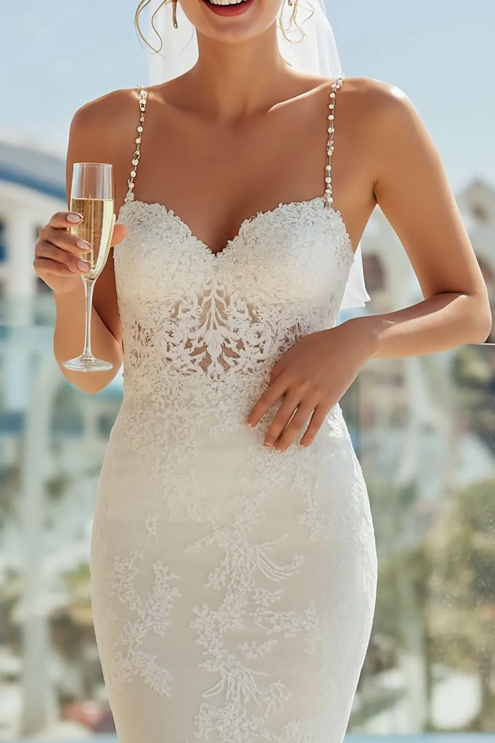 Lace Spaghetti Straps Sheath Ivory Long Wedding Dress sold by Zapaka product image thumbnail 3