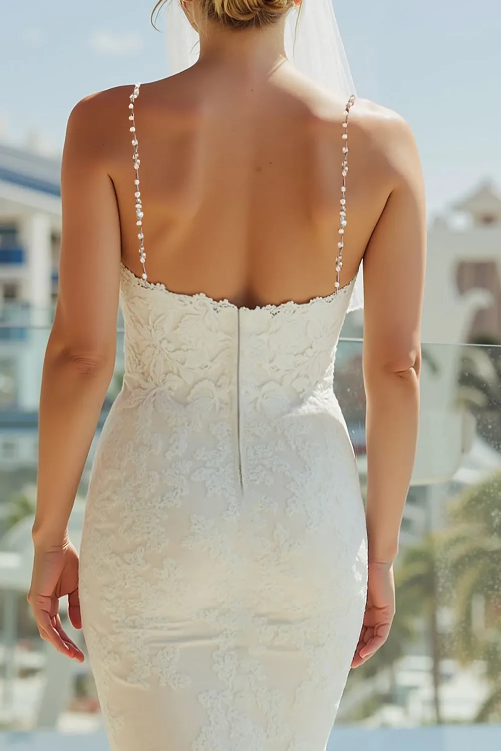 Lace Spaghetti Straps Sheath Ivory Long Wedding Dress sold by Zapaka product image thumbnail 4