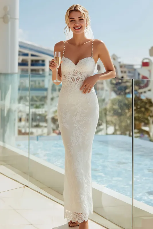 Lace Spaghetti Straps Sheath Ivory Long Wedding Dress sold by Zapaka