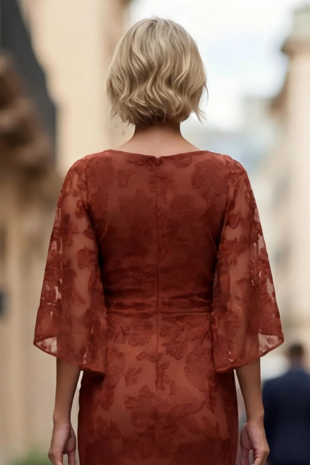 Lace Rust Sheath Ruched Mother of the Bride Dress with Half Sleeve sold by Zapaka product image thumbnail 5