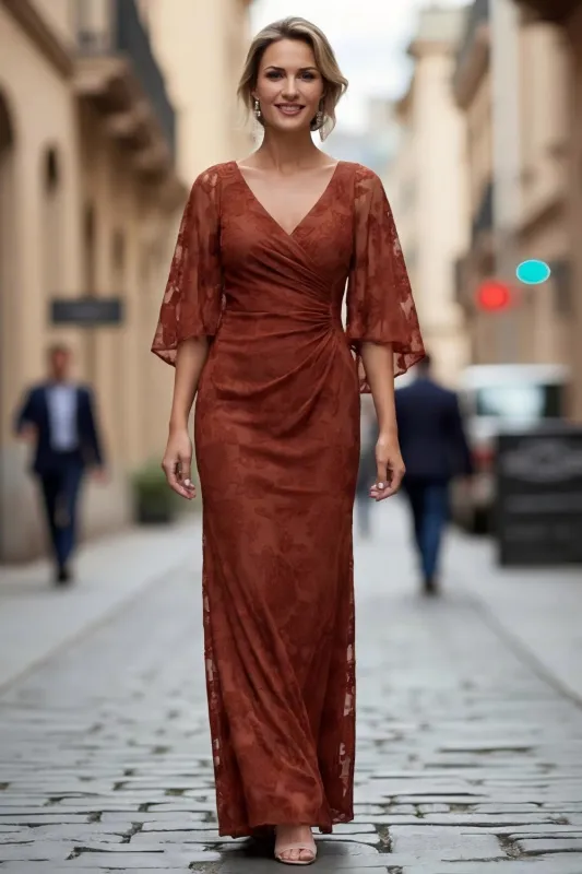 Lace Rust Sheath Ruched Mother of the Bride Dress with Half Sleeve sold by Zapaka