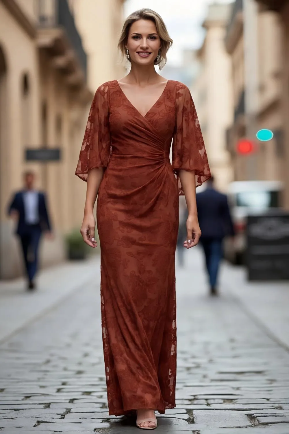 Lace Rust Sheath Ruched Mother of the Bride Dress with Half Sleeve sold by Zapaka