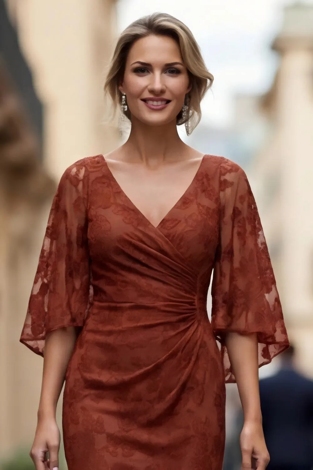 Lace Rust Sheath Ruched Mother of the Bride Dress with Half Sleeve sold by Zapaka product image thumbnail 4