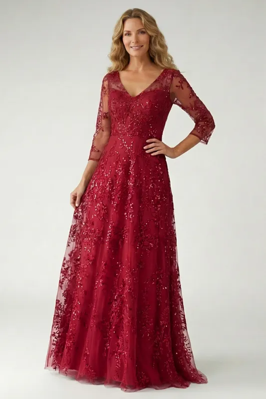 Sparkly Burgundy Lace V Neck A Line Mother of the Bride Dress with Sleeve sold by Zapaka