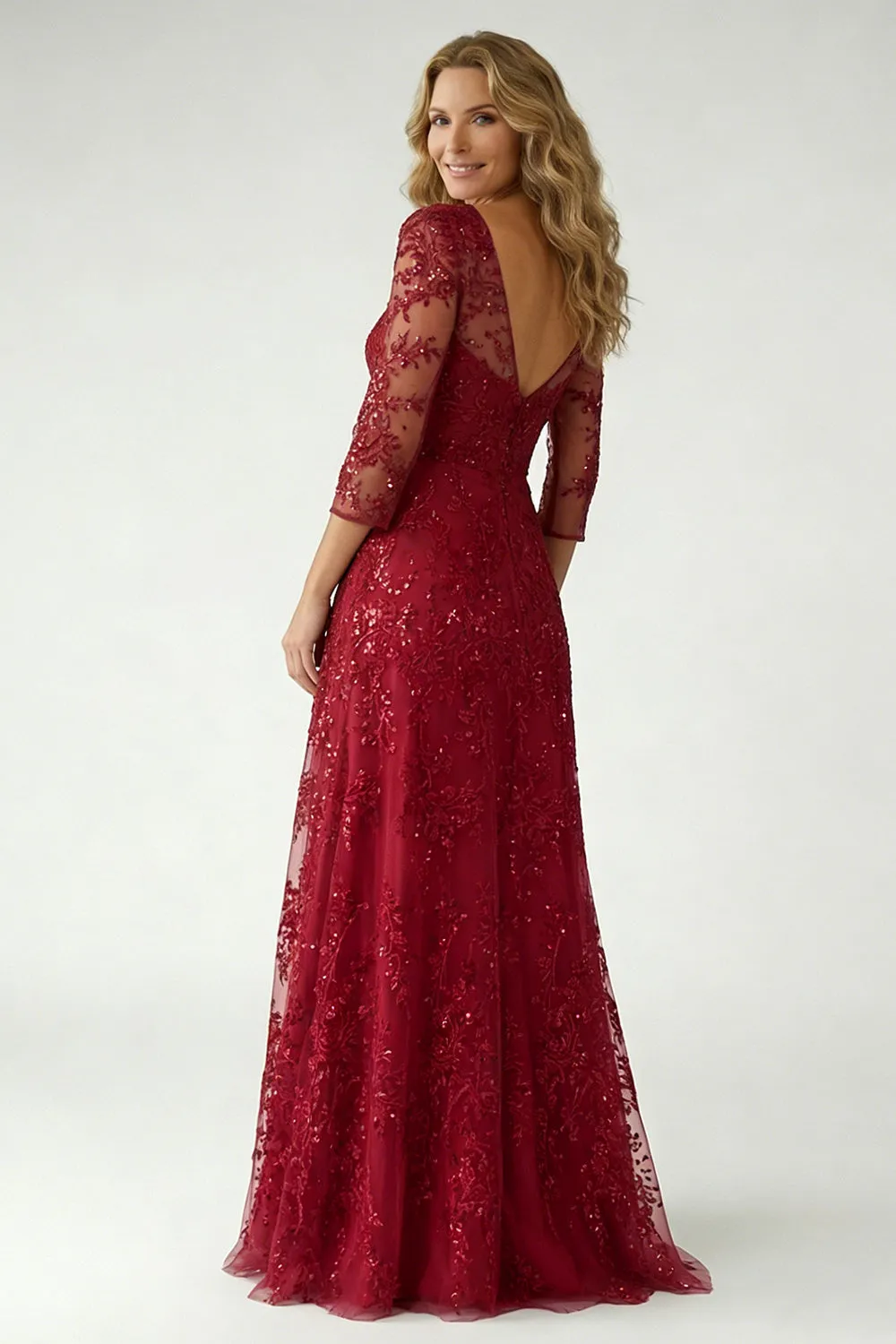 Sparkly Burgundy Lace V Neck A Line Mother of the Bride Dress with Sleeve sold by Zapaka product image thumbnail 2
