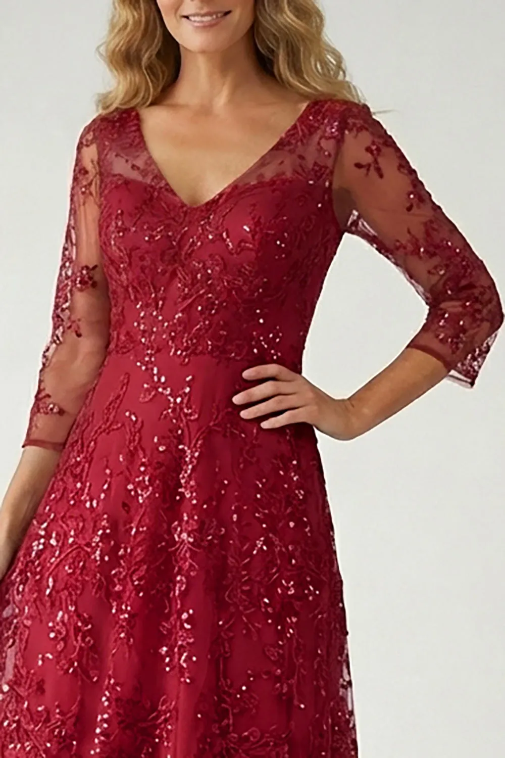 Sparkly Burgundy Lace V Neck A Line Mother of the Bride Dress with Sleeve sold by Zapaka product image thumbnail 3