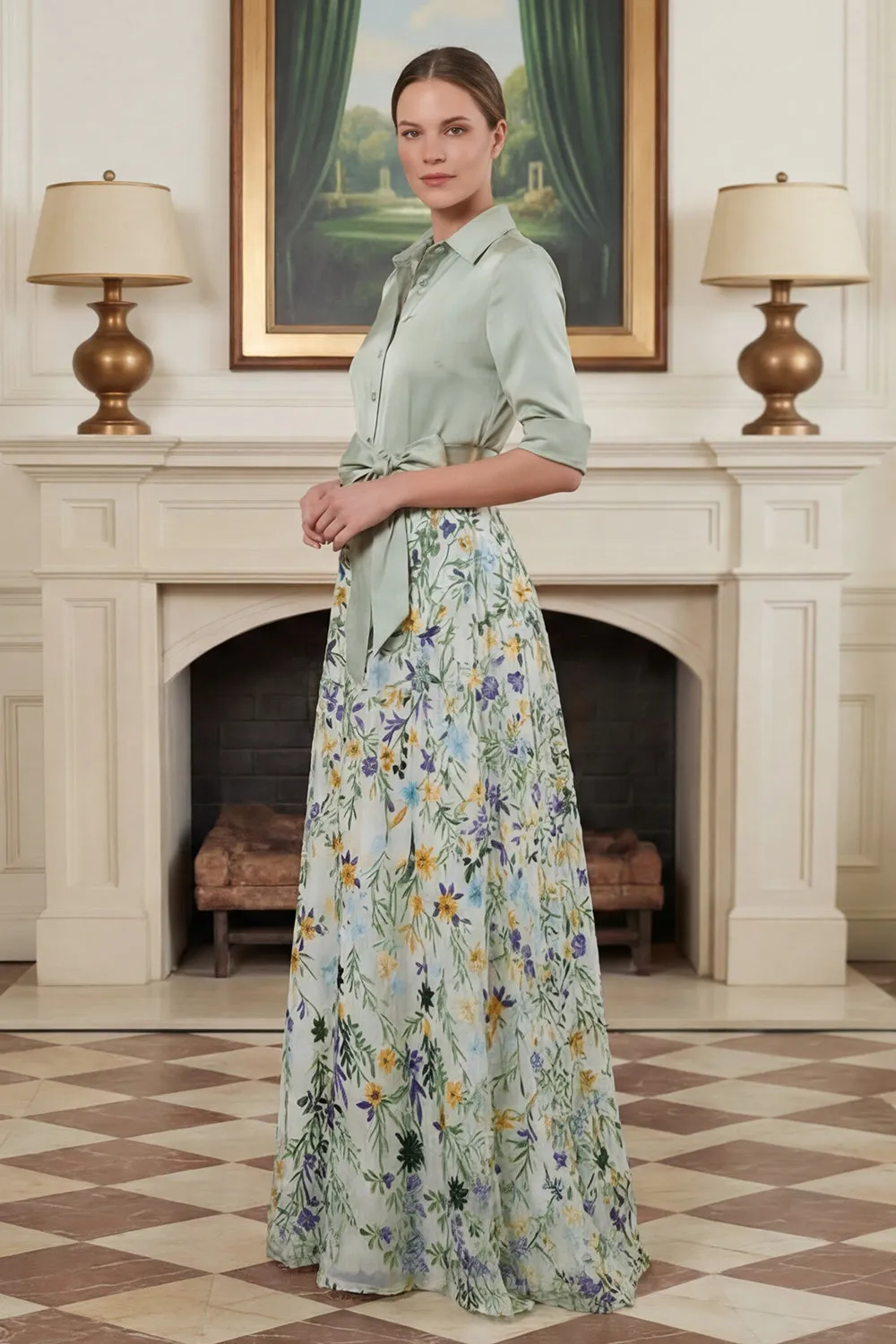 Sage Green Printed A Line Mother of the Bride Dress with Sleeve sold by Zapaka product image thumbnail 3
