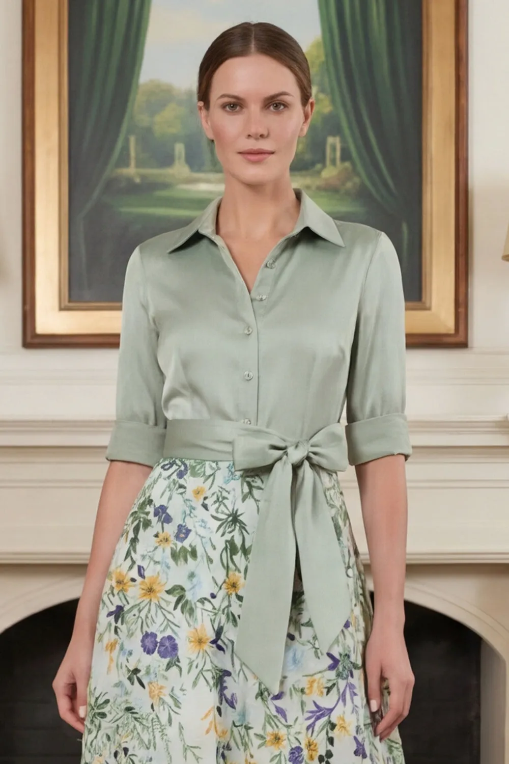 Sage Green Printed A Line Mother of the Bride Dress with Sleeve sold by Zapaka product image thumbnail 5