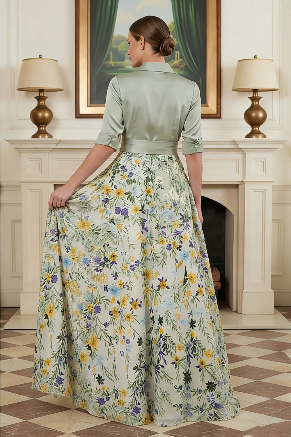 Sage Green Printed A Line Mother of the Bride Dress with Sleeve sold by Zapaka product image thumbnail 2