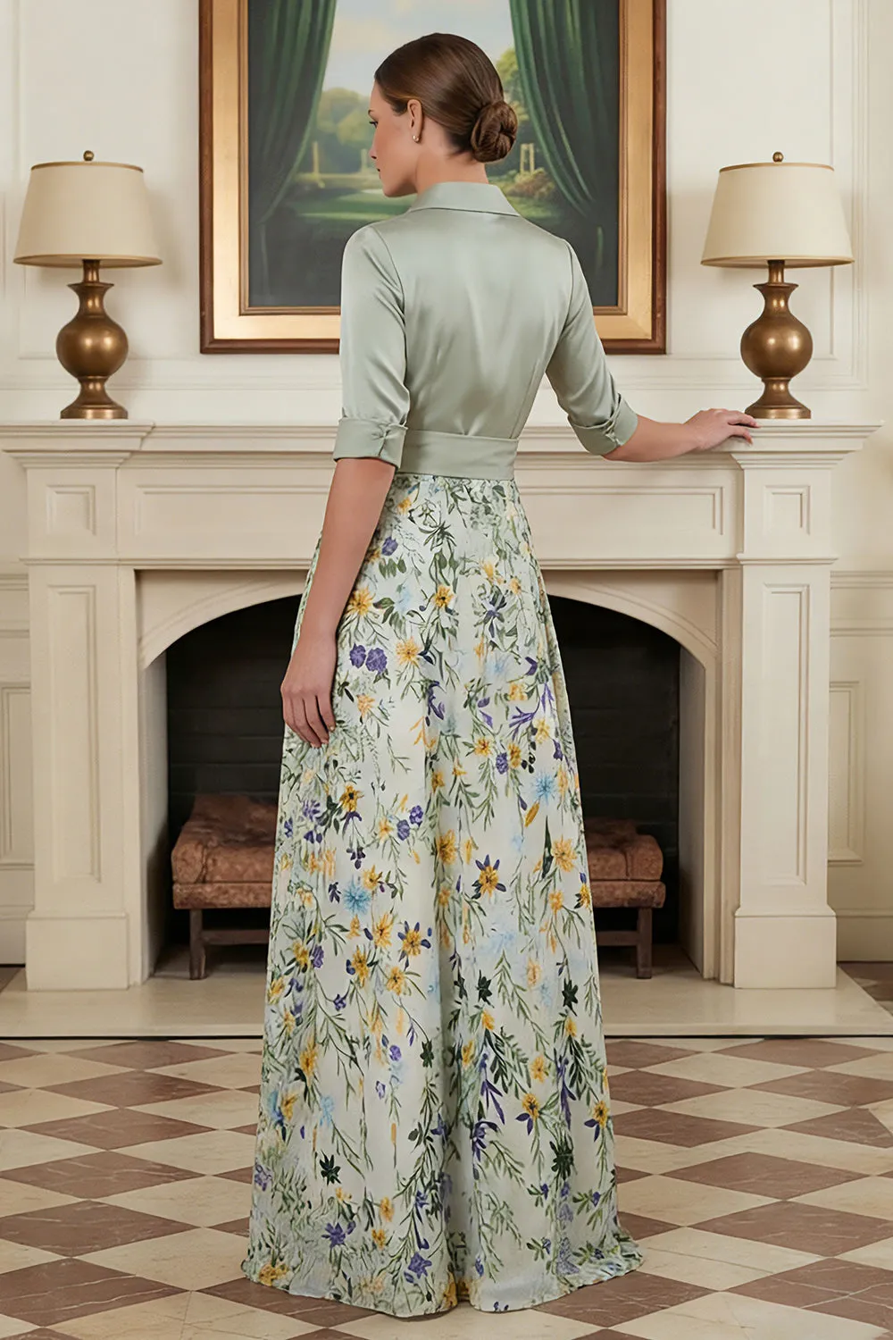 Sage Green Printed A Line Mother of the Bride Dress with Sleeve sold by Zapaka product image thumbnail 4