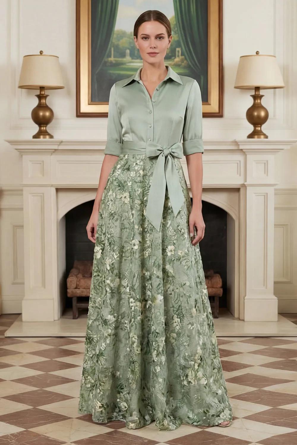 Printed Sage Green A Line Mother of the Bride Dress with Bow sold by Zapaka