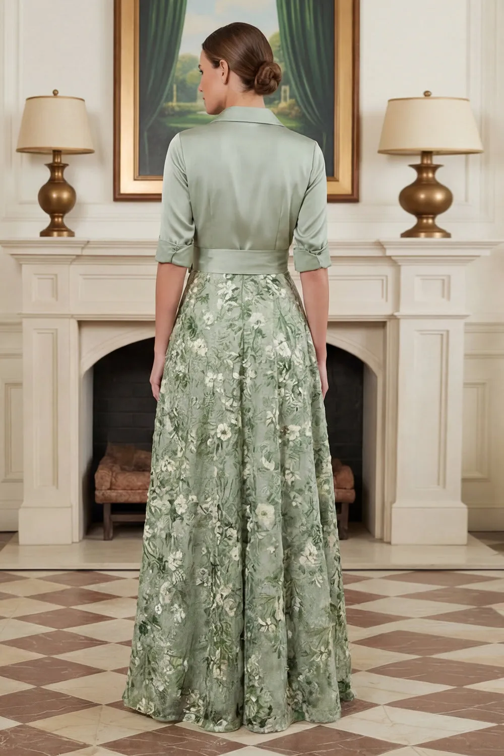 Printed Sage Green A Line Mother of the Bride Dress with Bow sold by Zapaka product image thumbnail 2