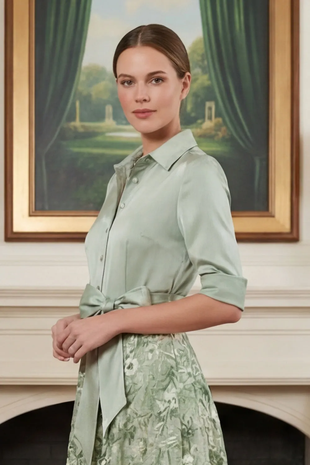 Printed Sage Green A Line Mother of the Bride Dress with Bow sold by Zapaka product image thumbnail 5