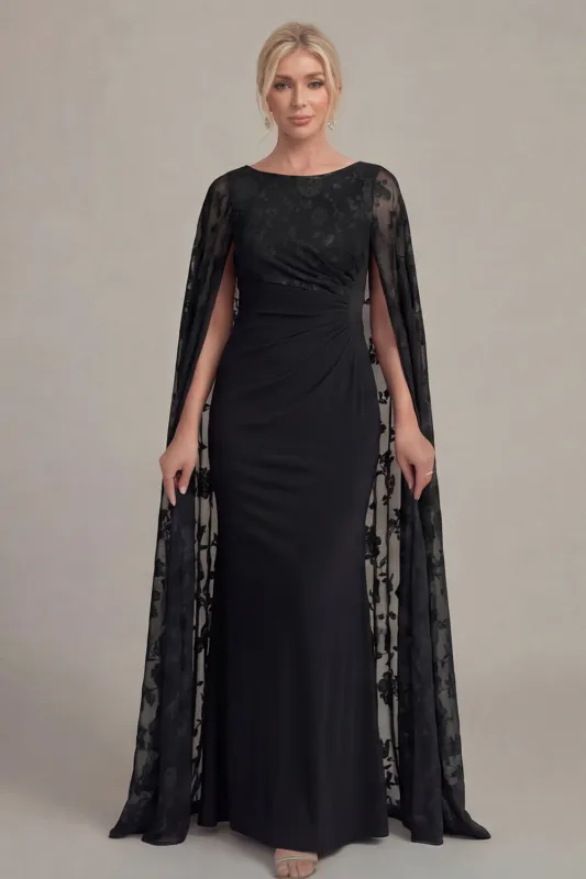 Black Lace Sheath Boat Neck Mother of the Bride Dress with Cloak sold by Zapaka