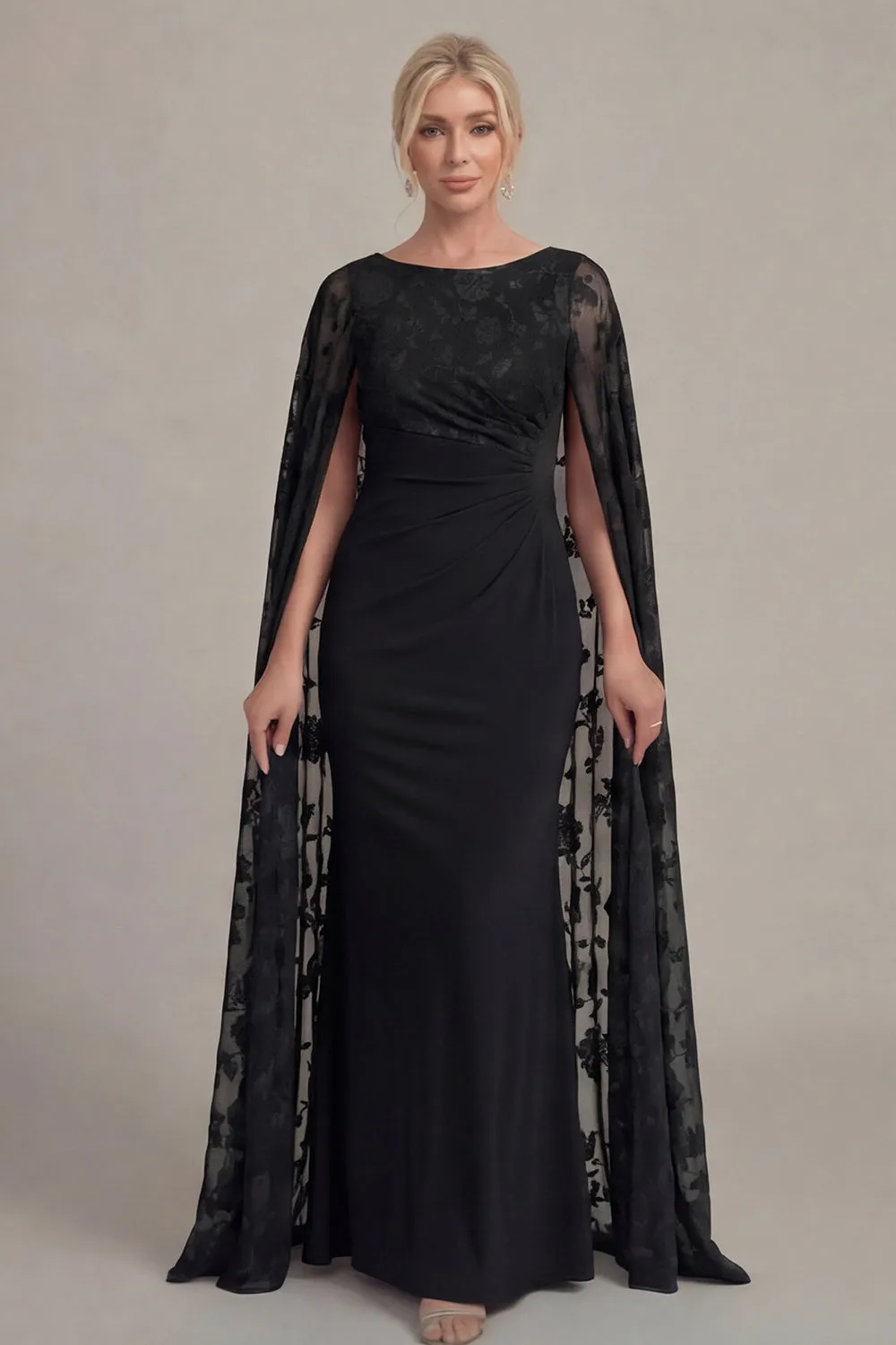 Black Lace Sheath Boat Neck Mother of the Bride Dress with Cloak sold by Zapaka