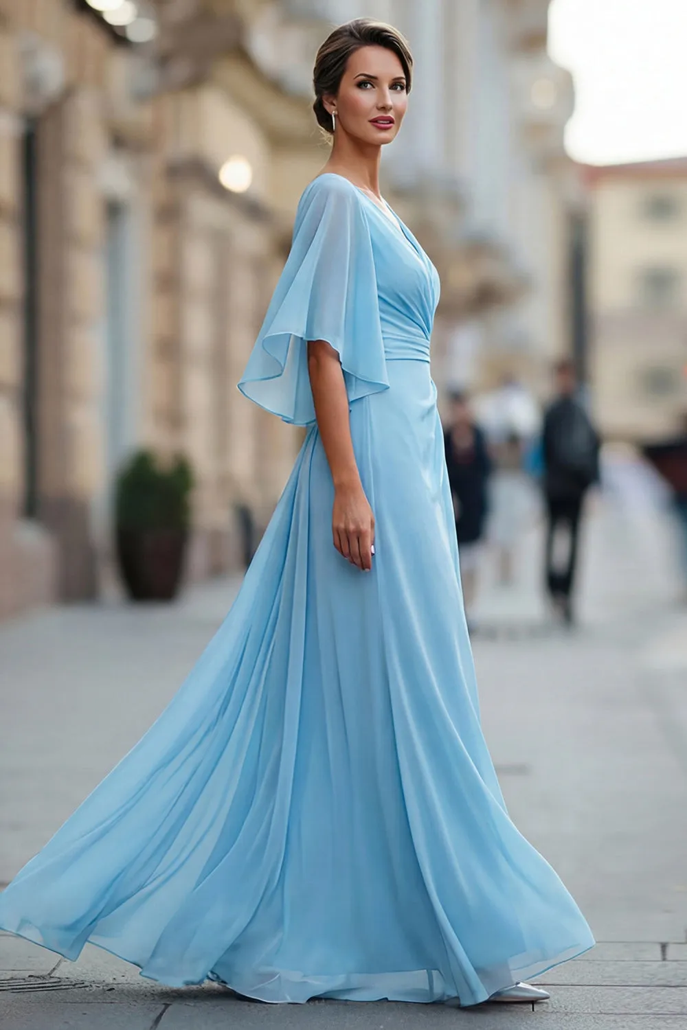 Sky Blue Chiffon A Line V Neck Ruched Mother of the Bride Dress with Sleeve sold by Zapaka product image thumbnail 3