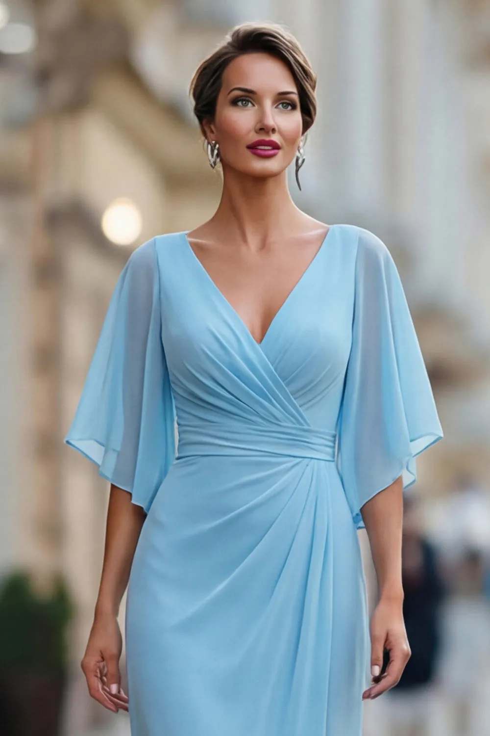 Sky Blue Chiffon A Line V Neck Ruched Mother of the Bride Dress with Sleeve sold by Zapaka product image thumbnail 4
