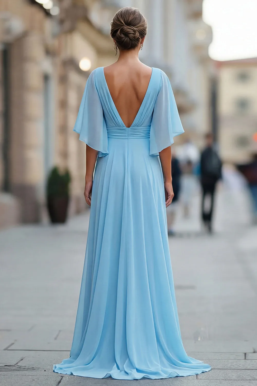 Sky Blue Chiffon A Line V Neck Ruched Mother of the Bride Dress with Sleeve sold by Zapaka product image thumbnail 2