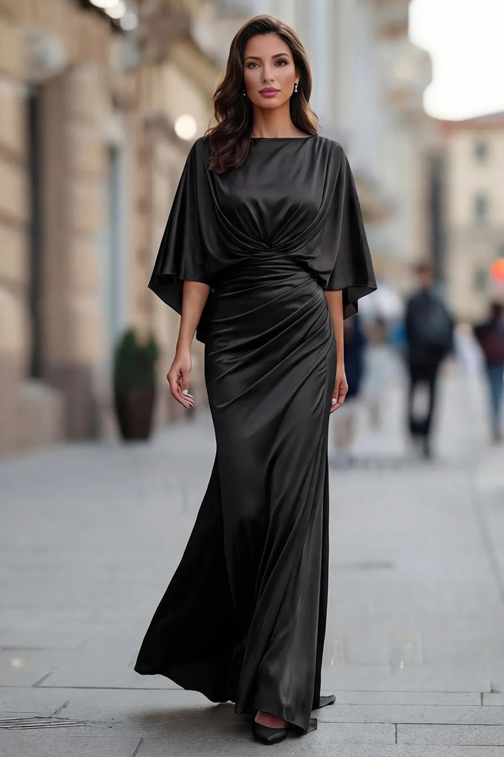 Black Mermaid Ruched Mother of the Bride Dress with Sleeve sold by Zapaka