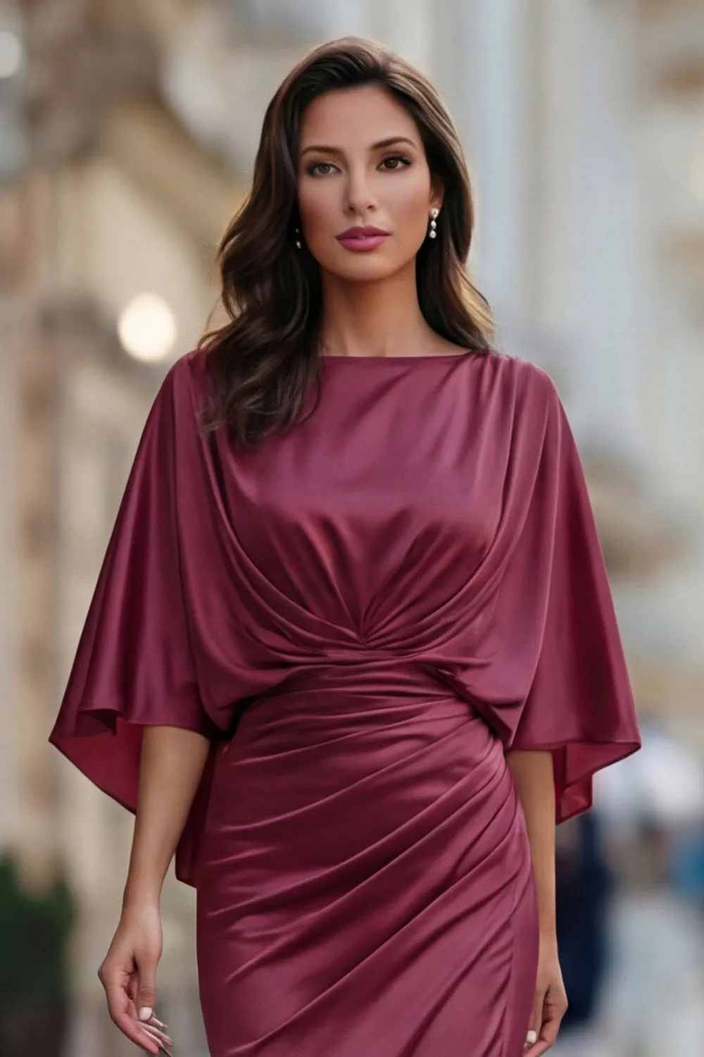Burgundy Chiffon Mermaid Ruched Mother of the Bride Dress with Sleeve sold by Zapaka product image thumbnail 4