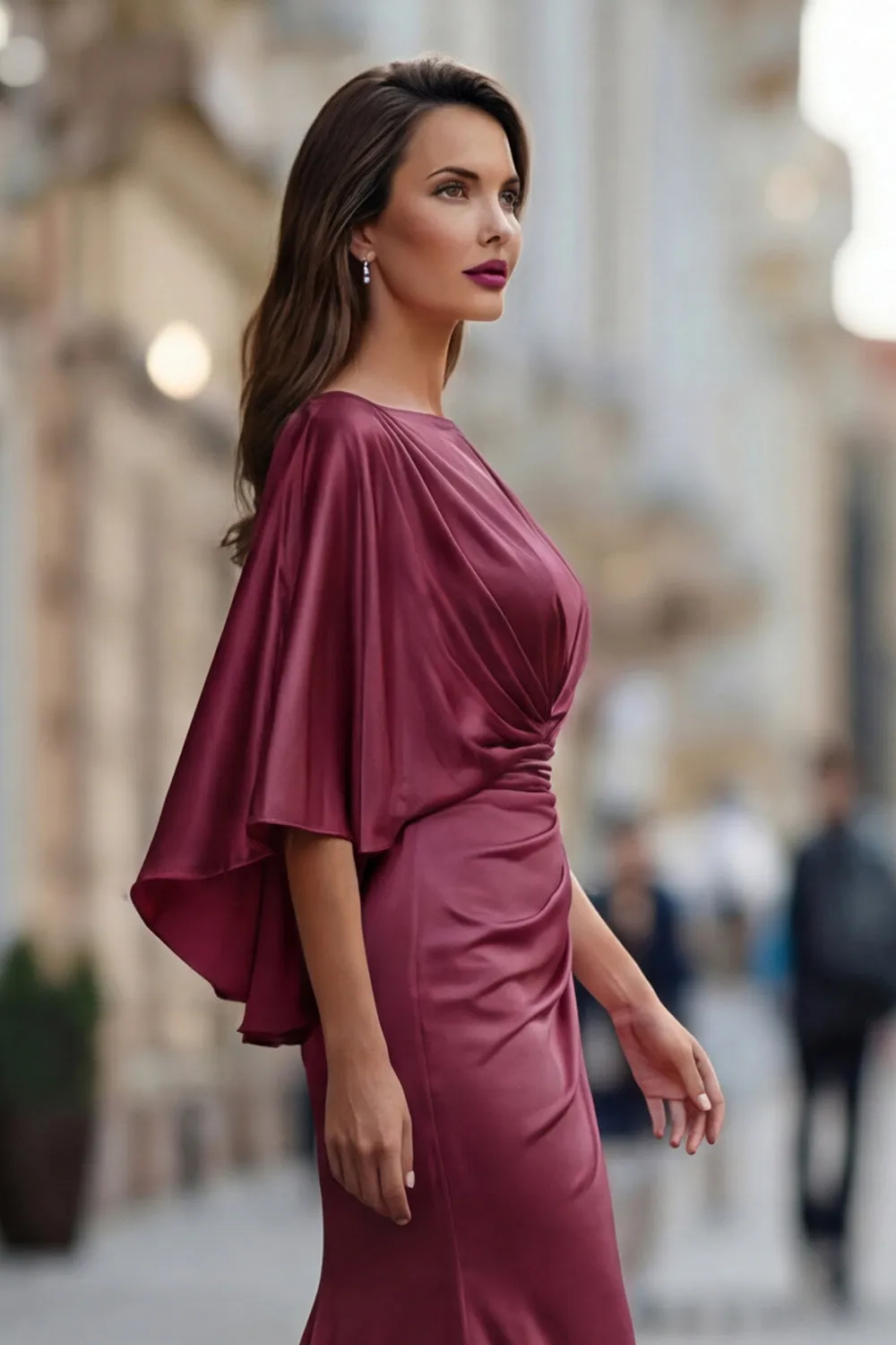 Burgundy Chiffon Mermaid Ruched Mother of the Bride Dress with Sleeve sold by Zapaka product image thumbnail 5