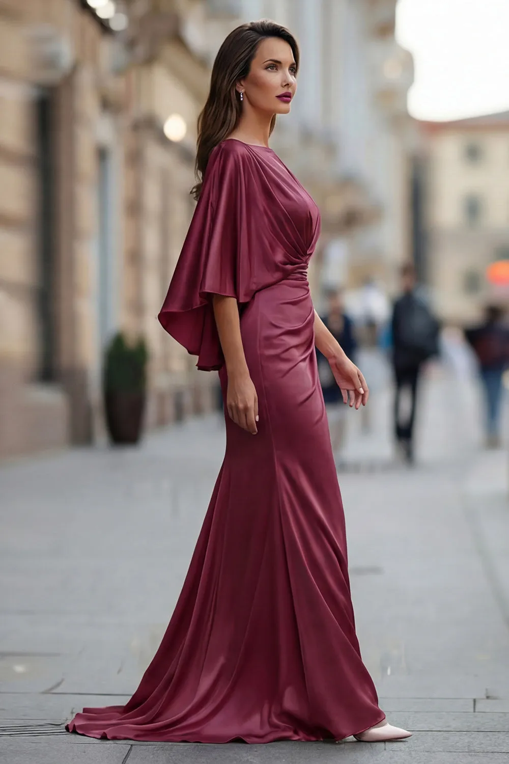 Burgundy Chiffon Mermaid Ruched Mother of the Bride Dress with Sleeve sold by Zapaka product image thumbnail 3
