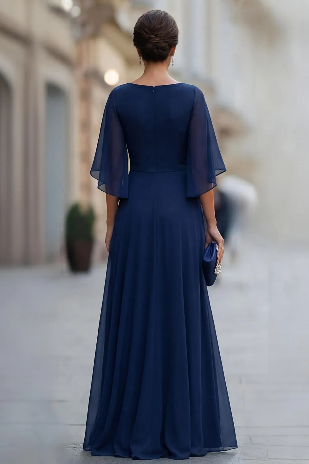 Chiffon Navy Ruched A Line Mother of the Bride Dress with Half Sleeve sold by Zapaka product image thumbnail 2