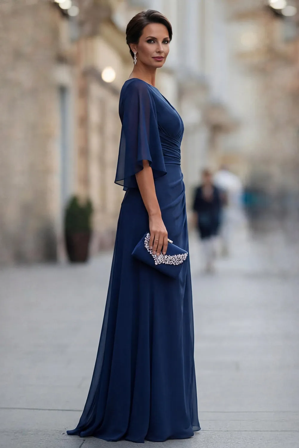 Chiffon Navy Ruched A Line Mother of the Bride Dress with Half Sleeve sold by Zapaka product image thumbnail 3