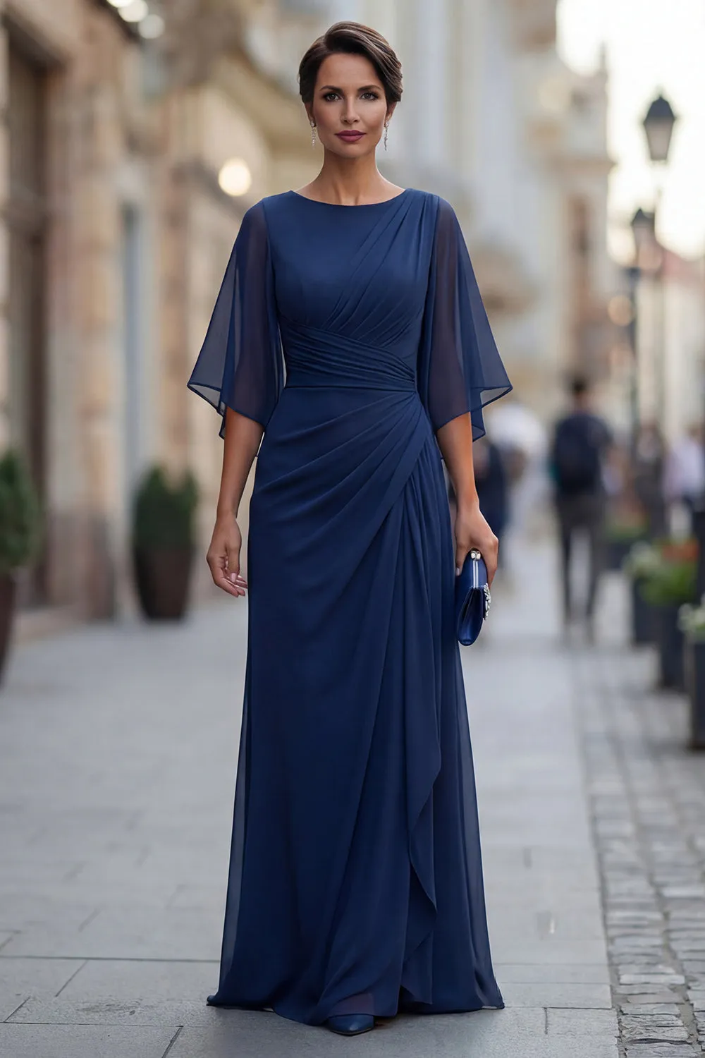 Chiffon Navy Ruched A Line Mother of the Bride Dress with Half Sleeve sold by Zapaka