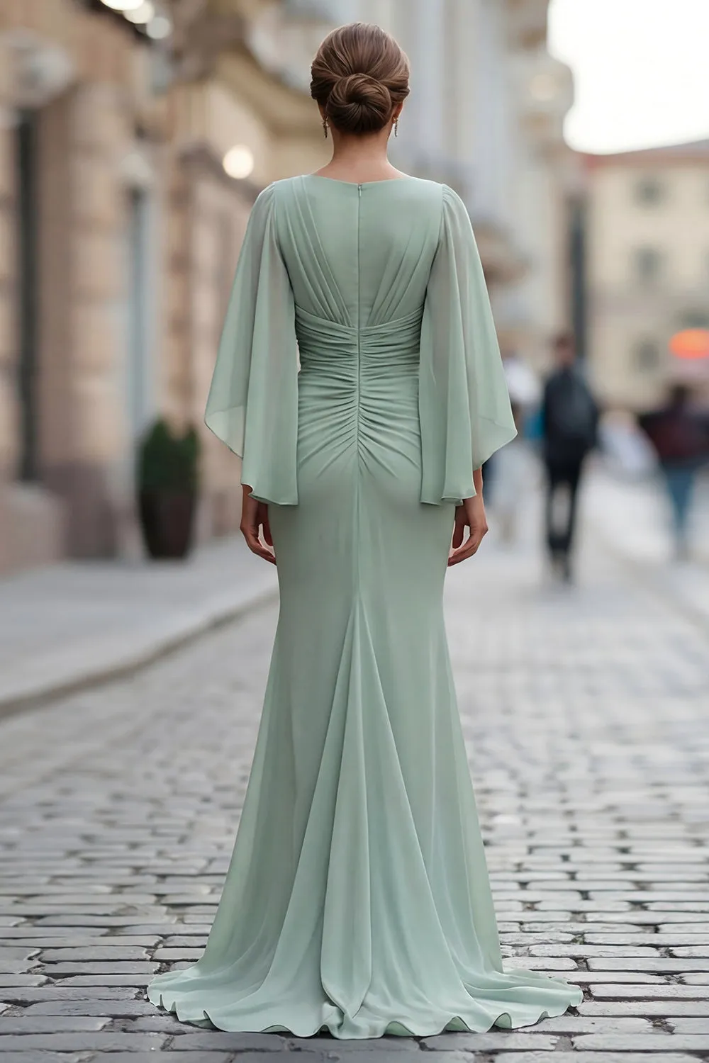 Sage Green Chiffon Mermaid Ruched Mother of the Bride Dress with Sleeve sold by Zapaka product image thumbnail 2