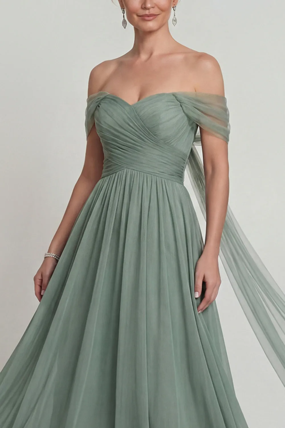 Off The Shoulder Chiffon A Line Dusty Sage Mother of the Bride Dress with Streamer sold by Zapaka product image thumbnail 3