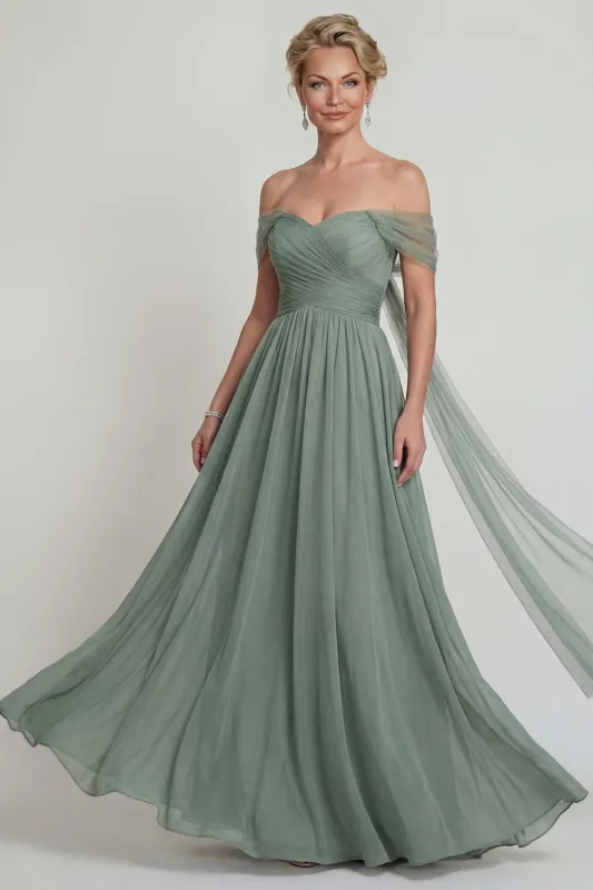 Off The Shoulder Chiffon A Line Dusty Sage Mother of the Bride Dress with Streamer made by Zapaka