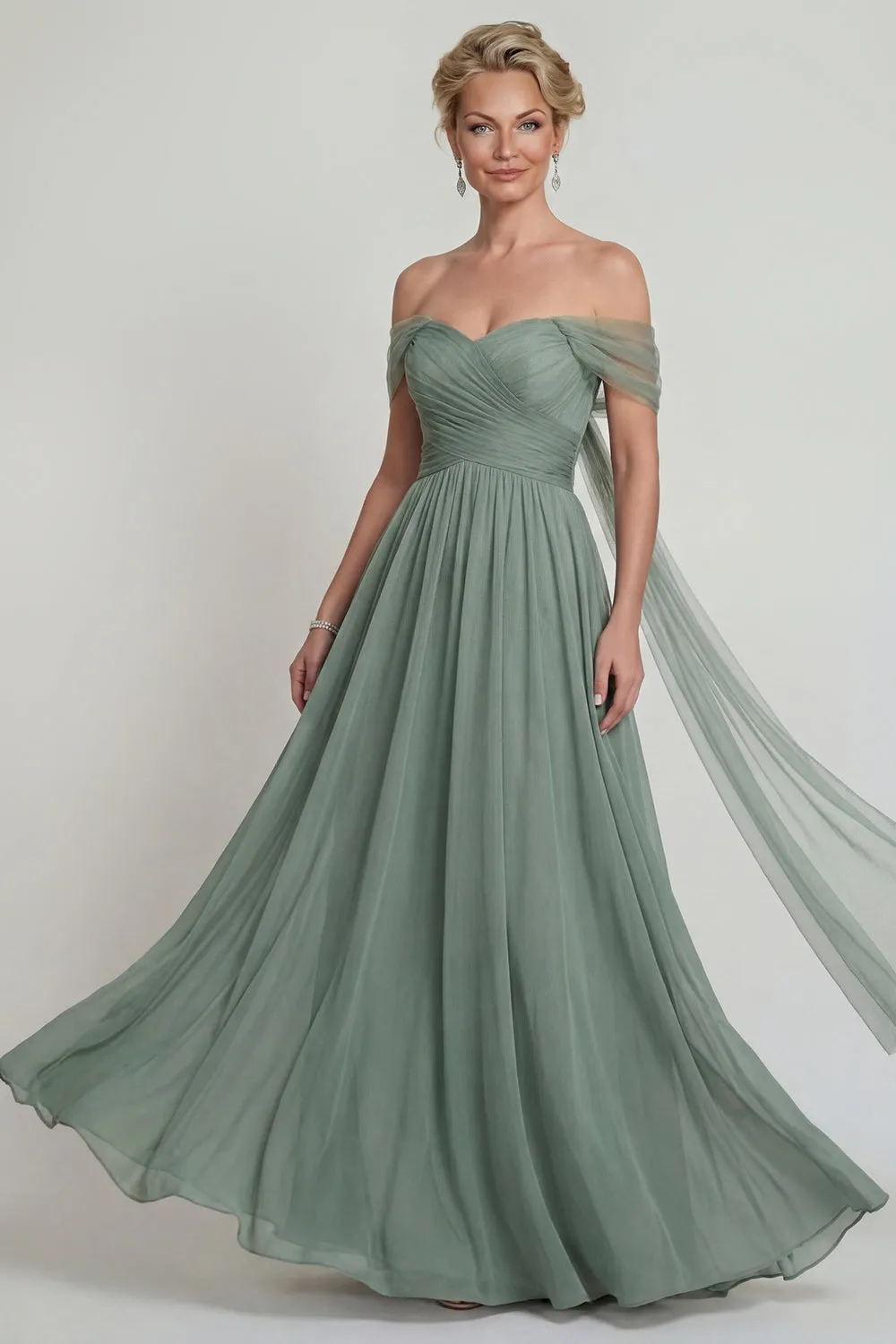 Off The Shoulder Chiffon A Line Dusty Sage Mother of the Bride Dress with Streamer sold by Zapaka