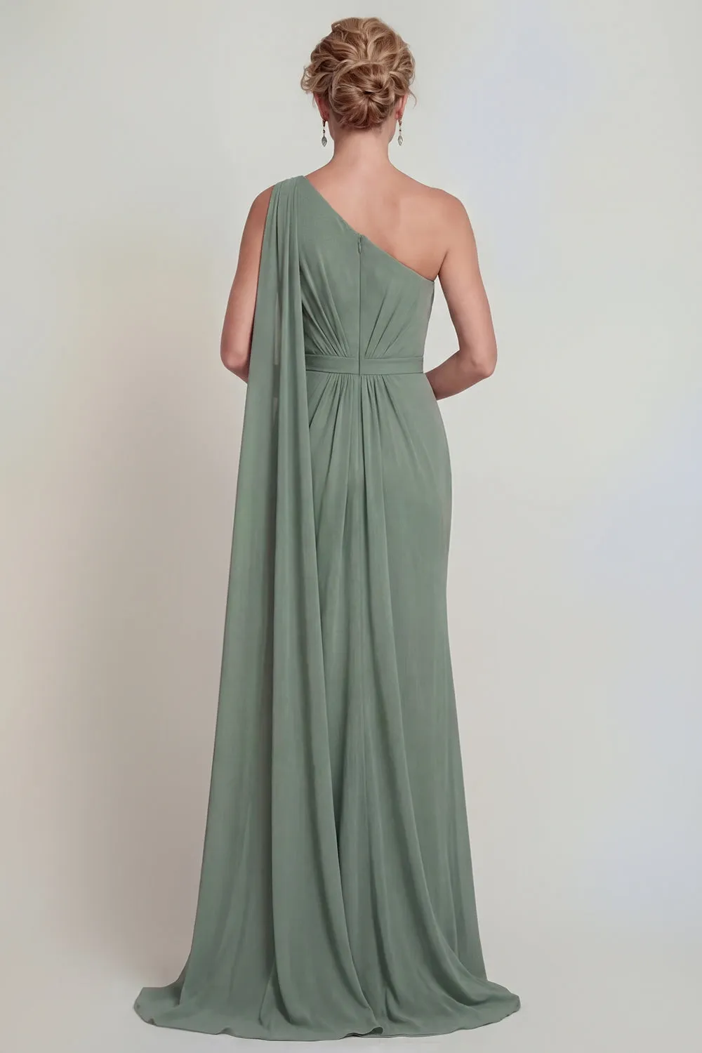 Dusty Sage Mermaid Chiffon One Shoulder Mother of the Bride Dress with Side Cape sold by Zapaka product image thumbnail 2