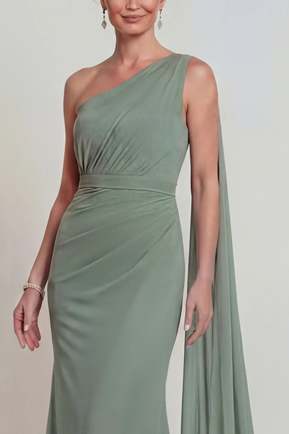 Dusty Sage Mermaid Chiffon One Shoulder Mother of the Bride Dress with Side Cape sold by Zapaka product image thumbnail 3