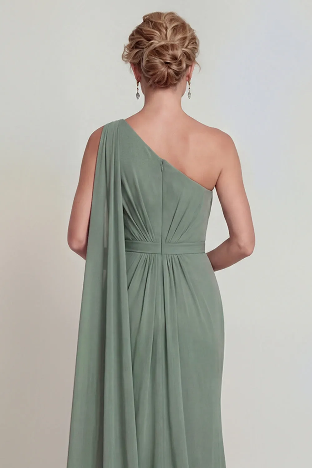 Dusty Sage Mermaid Chiffon One Shoulder Mother of the Bride Dress with Side Cape sold by Zapaka product image thumbnail 4