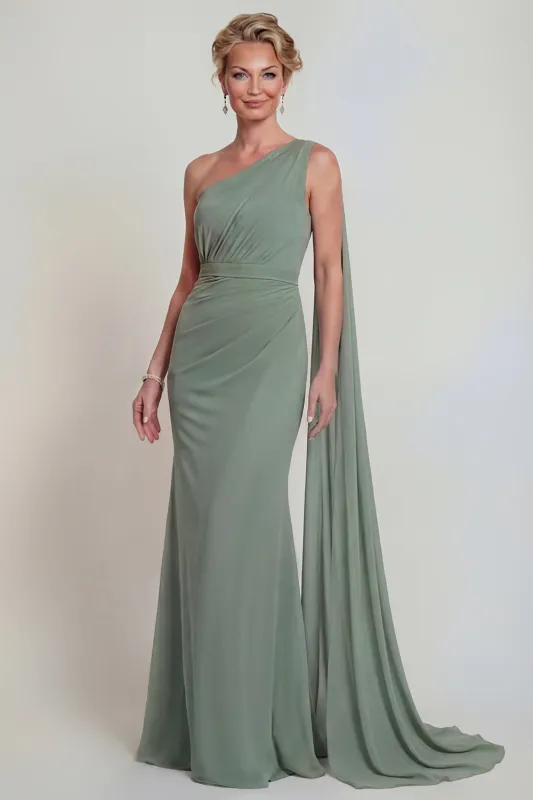 Dusty Sage Mermaid Chiffon One Shoulder Mother of the Bride Dress with Side Cape made by Zapaka