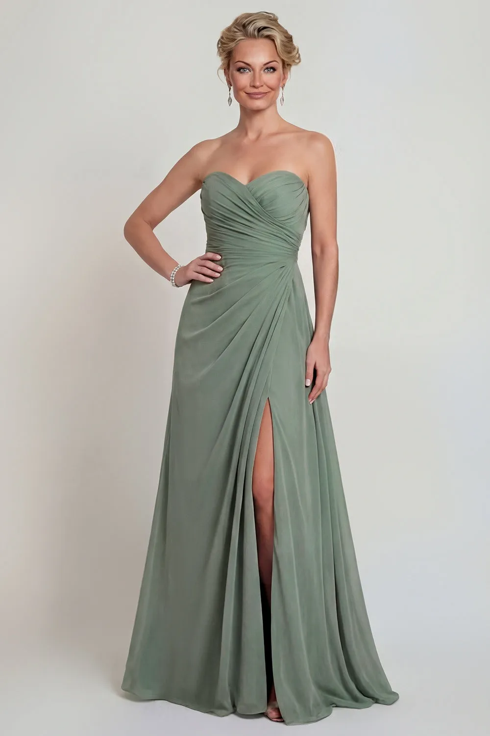 Dusty Sage Sweetheart A Line Ruched Chiffon Mother of the Bride Dress with Slit sold by Zapaka