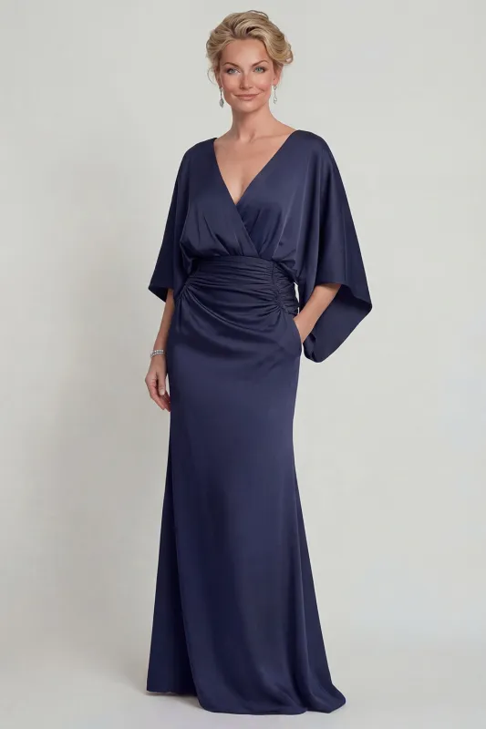Navy Sheath V-Neck Half Sleeves Long Mother of the Bride Dress with Pockets sold by Zapaka