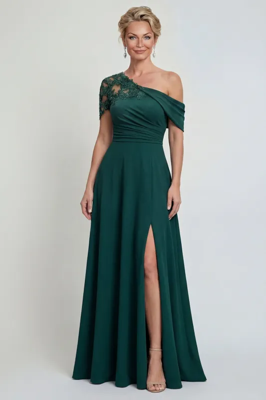 Dark Green One Shoulder A Line Appliqued Mother of the Bride Dress with Slit made by Zapaka