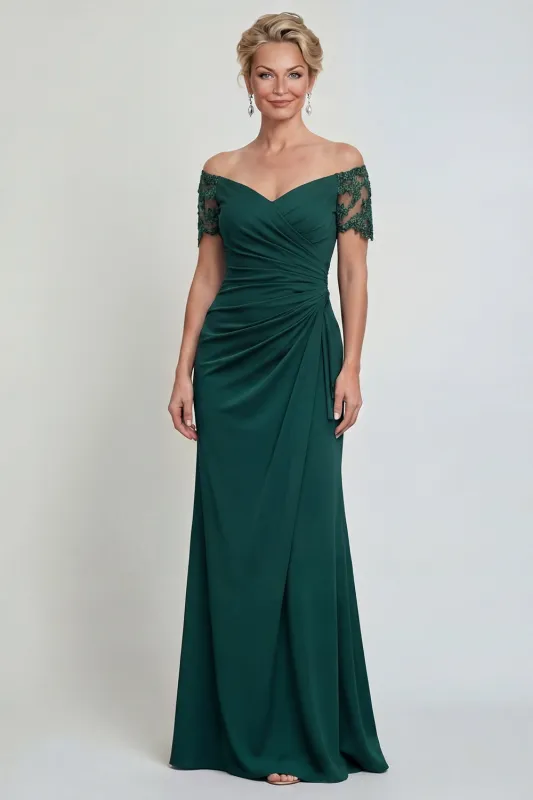 Dark Green Sheath Ruched Off The Shoulder Long Mother of the Bride Dress made by Zapaka