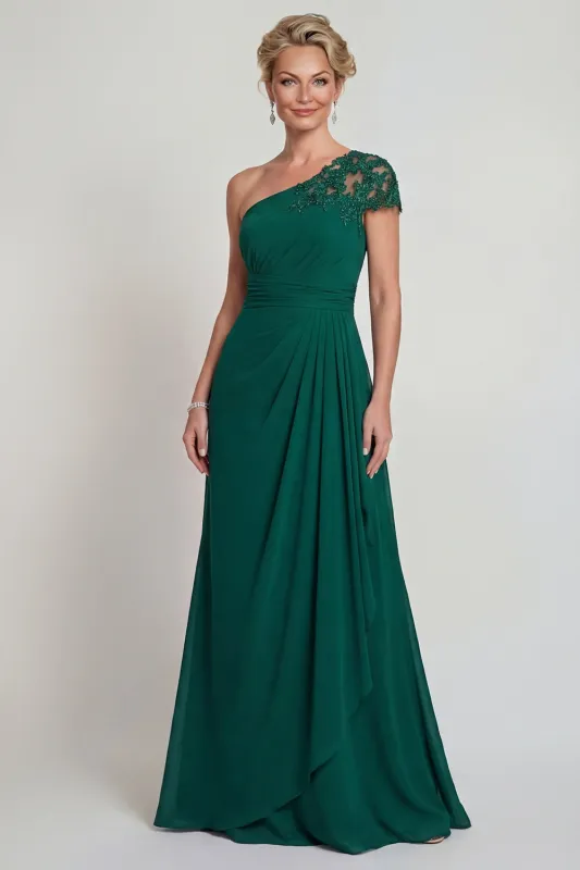 One Shoulder Dark Green Chiffon A Line Long Mother of the Bride Dress made by Zapaka