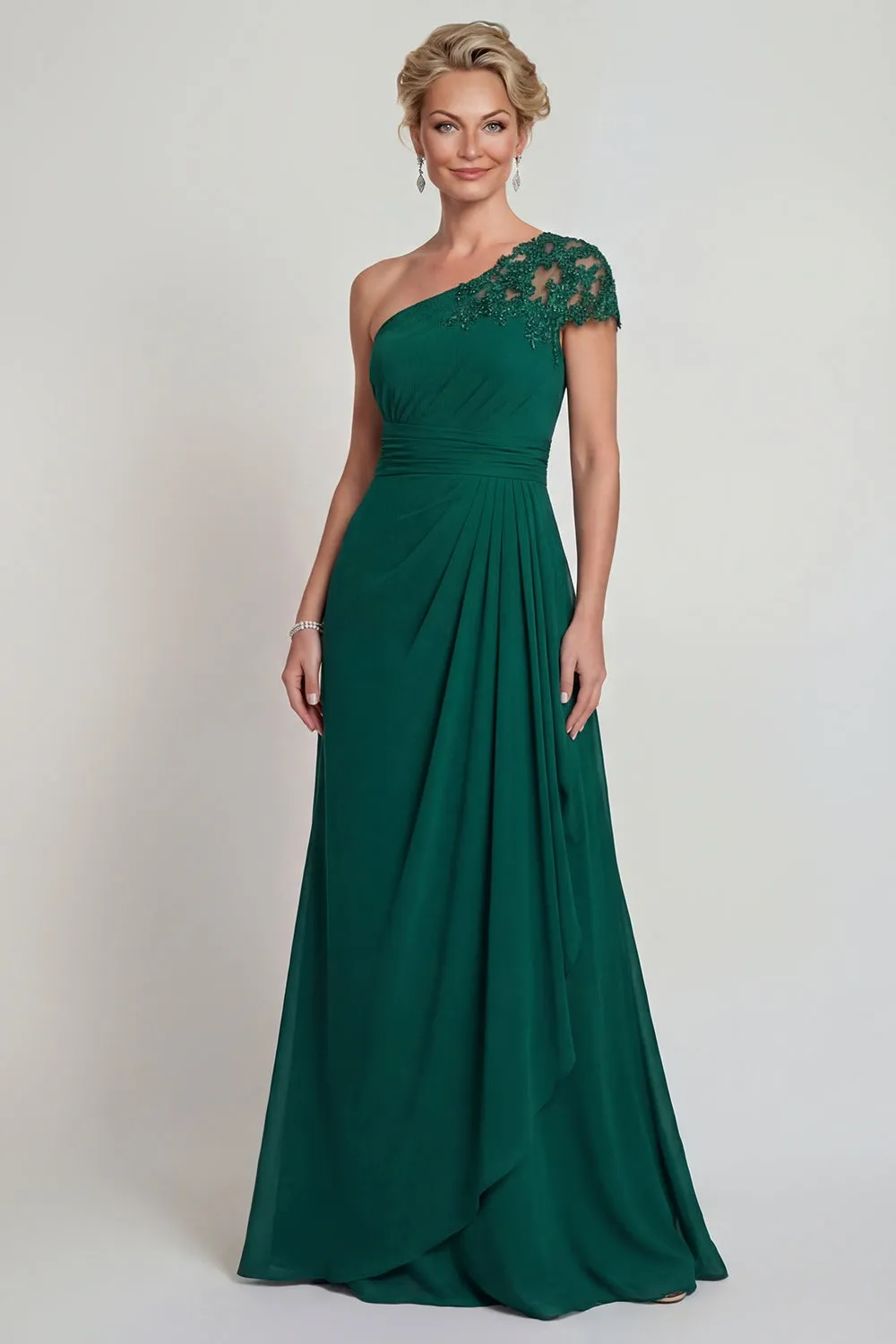 One Shoulder Dark Green Chiffon A Line Long Mother of the Bride Dress sold by Zapaka